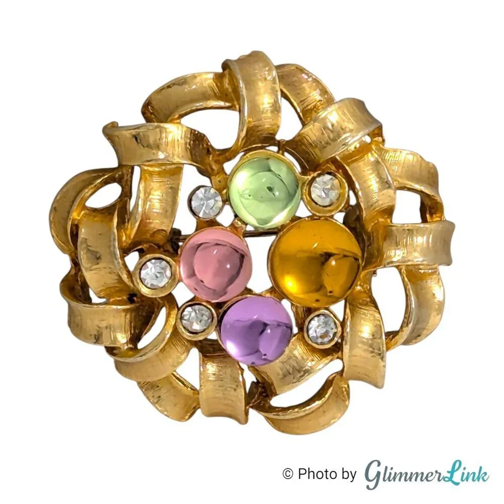 Vintage Pastel Cabochon Ribbon Brooch Gold Tone Multicolor Pin